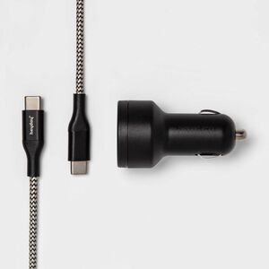 Heyday - USB Car Charger with 6' USB-C to USB-C Braided Cab Black